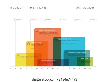 Gráfico de línea de tiempo de proyecto vectorial: diagrama de progreso de gantt con tareas de proyecto resaltadas con iconos en color de tiempo intervalos de bloques transparentes descripciones y títulos