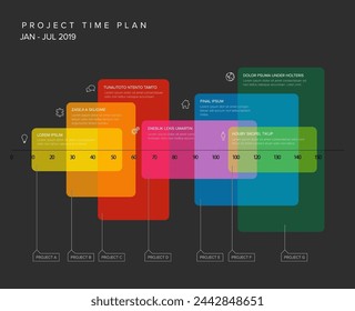 Vector project timeline graph - gantt progress chart with highlighet project tasks with icons in time color transparent block intervals descriptions and titles on dark background