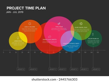 gráfico de línea de tiempo del proyecto de Vector - gráfico de progreso de gantt con formas circulares resaltadas tareas de proyecto con iconos en color de tiempo intervalos de bloques transparentes descripciones y títulos sobre fondo oscuro