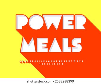 Anúncio promocional vetor Power Meals. Fonte 3D moderna com grande sombra vermelha. Trendy Cool Alfabeto Letras e Números definido.