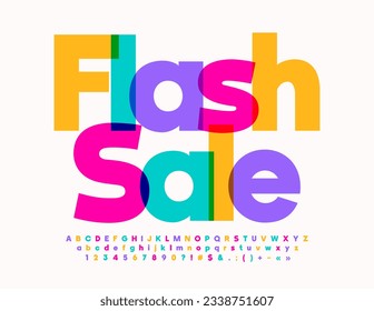 Vector promo badge Flash Sale. Bright Watercolor Font. Trendy Alphabet Letters and Numbers. 