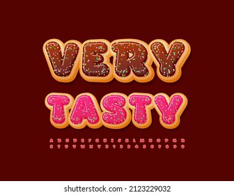 Vector promo badge Very Tasty. Sweet Font with Sugar sprinkles. Pink Glazed Donut Alphabet Letters and Numbers set