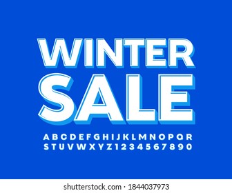 Vector promo badge Winter Sale. Modern 3D Font. White and Blue Alphabet Letters and Numbers set