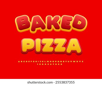 Vector promo Baked Pizza with Yellow and Red Alphabet Letters and Numbers set. Bright modern Font