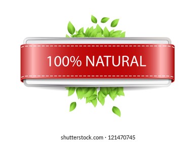 Vector promo banner / badge decorated with red satin ribbon and fresh green leaves - 100% Natural