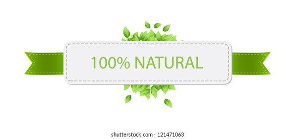 Vector promo banner / badge decorated with satin ribbon and fresh green leaves - 100% Natural