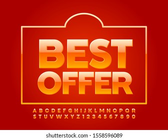 Vector Werbebanner Bestes Angebot mit Shopping Bag. Einzigartige orange Schriftart. Glossy Alphabet Letters and Numbers.