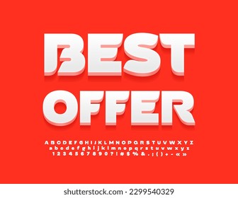 Vector promo banner Best Offer. Artistic 3D Font. Stylish White Alphabet Letters and Numbers set