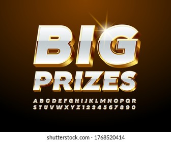 Vector promo banner Big Prizes with 3D White and Gold Font. Luxury Alphabet Letters and Numbers