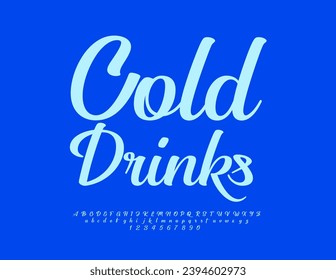 Vector promo banner Cold Drink. Stylish blue Font. Elegant cursive Alphabet Letters and Numbers set