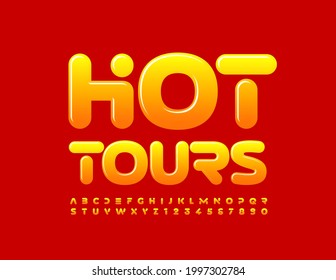 Banner de promoción de vectores Hot Tours. Tipo de letra brillante brillante brillante brillante brillante, Color gradiente Alfabeto Letras y Números establecidos