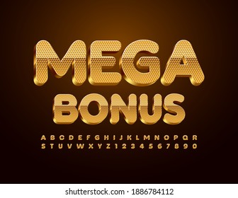 Vector promo banner Mega Bonus. Textured Gold Font. 3D luxury Alphabet Letters and Numbers set