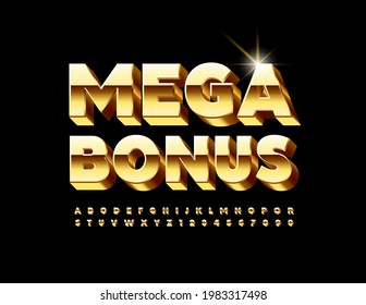 Vector promo banner Mega Bonus with Shiny 3D Font. Elite Gold Alphabet Letters and Numbers set