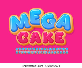 Vector promo banner Mega Cake.  Artistic bright Font. Blue Glazed Donut Alphabet Letters and Numbers