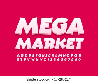 Vector Promo Banner Mega Market With White Creative Font. 3D Playful Alphabet Letters And Numbers