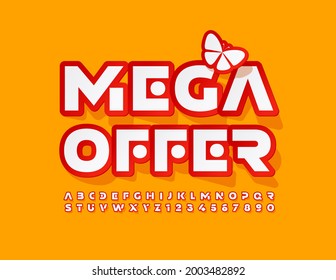 Vector promo banner Mega Offer with Decorative Butterfly. Creative Alphabet Letters and Numbers set. Abstract sticker Font