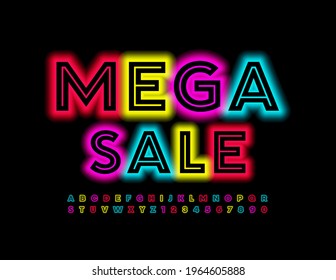 Vector promo banner Mega Sale. Colorful Neon Font. Creative bright Alphabet Letters and Numbers set
