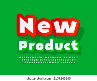 Banner de promoción de vectores Nuevo producto. Tipo de letra pegatina verde y blanca. Conjunto creativo de letras, números y símbolos alfabéticos