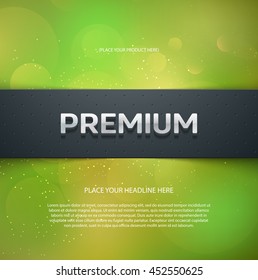Vector promo banner with shadow and blurry bokeh background. Premium. Dotted stripe. 3d metallic typography. Flyer design template. Web advertisement.