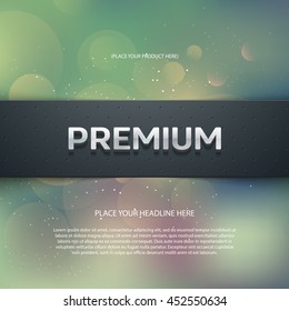 Vector promo banner with shadow and blurry bokeh background. Premium. Dotted stripe. 3d metallic typography. Flyer design template. Web advertisement.