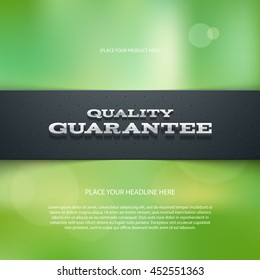 Vector promo banner with shadow and blurry bokeh background. Quality guarantee. Dotted stripe. 3d metallic typography. Flyer design template. Web advertisement.