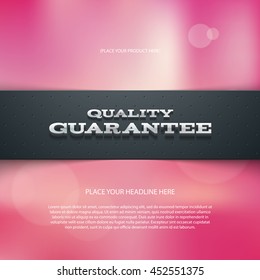 Vector promo banner with shadow and blurry bokeh background. Quality guarantee. Dotted stripe. 3d metallic typography. Flyer design template. Web advertisement.