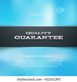 Vector promo banner with shadow and blurry bokeh background. Quality guarantee. Dotted stripe. 3d metallic typography. Flyer design template. Web advertisement.