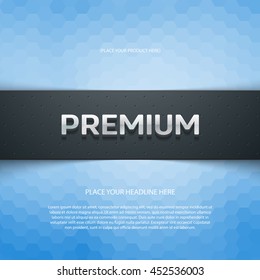 Vector promo banner with shadow and geometric pattern. Premium. Dotted stripe. 3d metallic typography. Flyer design template. Web advertisement.