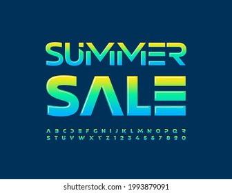 Vector promo banner Summer Sale. Bright artistic Font. Futuristic shiny Alphabet Letters and Numbers set