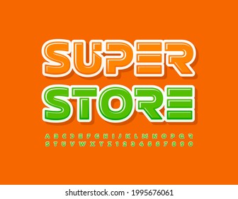 Banner de promoción de vectores Super Store. Luminosa letra moderna. Letras y números de alfabeto verde
