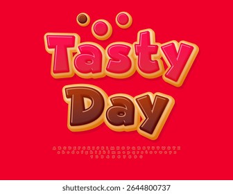 Vector Promo banner Tasty Day for Cafe. Red Donut stylet Font. Sweet Cake Alphabet Letters and Numbers