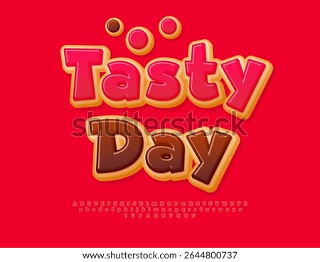 Vector Promo banner Tasty Day for Cafe. Red Donut stylet Font. Sweet Cake Alphabet Letters and Numbers