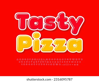 Vector promo banner Tasty Pizza. Red modern Font. Set of bright Alphabet Letters, Numbers and Symbols