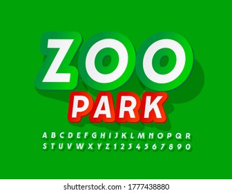 Vector promo banner Zoo Park with Green and WHite Font. Sticker Alphabet Letters and Numbers set