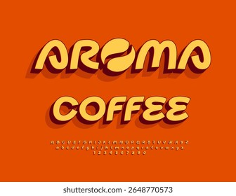 Vetor Promo placa Aroma Café com Feijão Decorativo. Fonte 3D de moda. Conjunto de letras e números do alfabeto criativo e fresco.