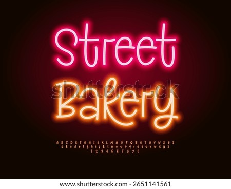 Vector Promo board Street Bakery. Led Illuminated Font. Neon Playful Alphabet Letters and Numbers set.