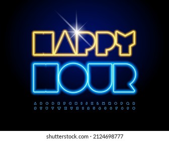 Tarjeta de promoción de vectores Happy Hour. Estilo abstracto Tipo de letra. Luz de neón azul Alfabeto Letras y números establecidos