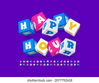 Vector promo emblem Happy Hour. Creative Cubic Font, Isometric Alphabet Letters and Numbers set