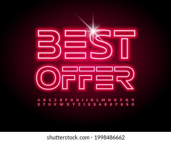 Vector promo flyer Best Offer. Red Neon FOnt. Futuristic techno Alphabet Letters and Numbers set