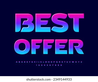 Mejor oferta de folleto de promoción de vectores. Colorida fuente brillante. Letras, números y símbolos luminosos de alfabeto 
