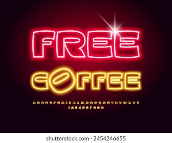 Vector promo flyer Free Coffee. Modern Neon Font. Set of Bright Neon Alphabet Letters and Numbers.