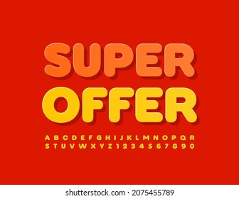 Vector promo flyer Super Offer. Yellow modern Font. Set of Bright Alphabet Letters and Numbers