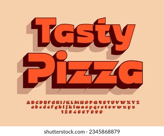 Vector promo flyer Tasty Pizza. Modern Red 3D Font. Set of bright Alphabet Letters, Numbers and Symbols