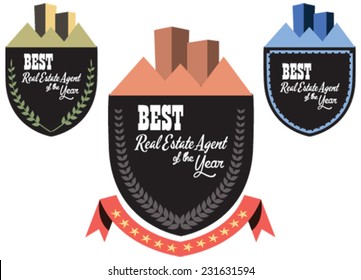 Vector promo label of best real estate agent award of the year. Label to promote award or achievement.
