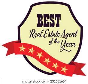 Vector promo label of best real estate agent award of the year. Label to promote award or achievement.