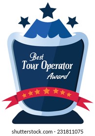 Vector promo label of best tour operator or tour guide service award of the year. Label to promote award or achievement.