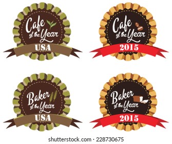 Vector promo label for best of year award for cafe and baker in United States of America and 2015. Label to promote award or achievement.