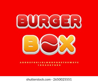 Vector Promo logo Burger Box with Creative Element. Classic Round Font. Artistic Digital Alphabet Letters and Numbers set.