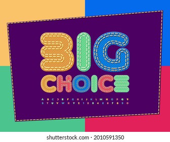 Afiche de promoción de vectores Gran Elección. Tipo de letra de denim creativo. Colorido conjunto de letras y números de alfabeto