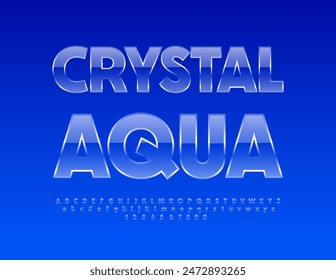 Cartel promocional del Vector Cristal Aqua. Fuente de cristal transparente. Conjunto de letras y números del alfabeto brillante.
